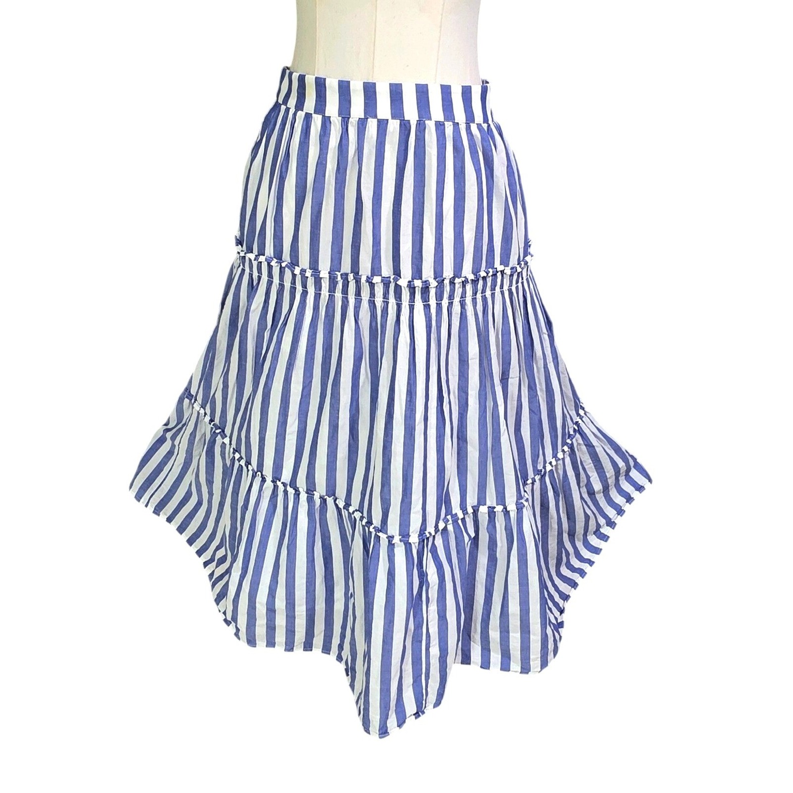 J.Crew Striped Tiered Midi Skirt Womens Small Blue White Cotton Pocket